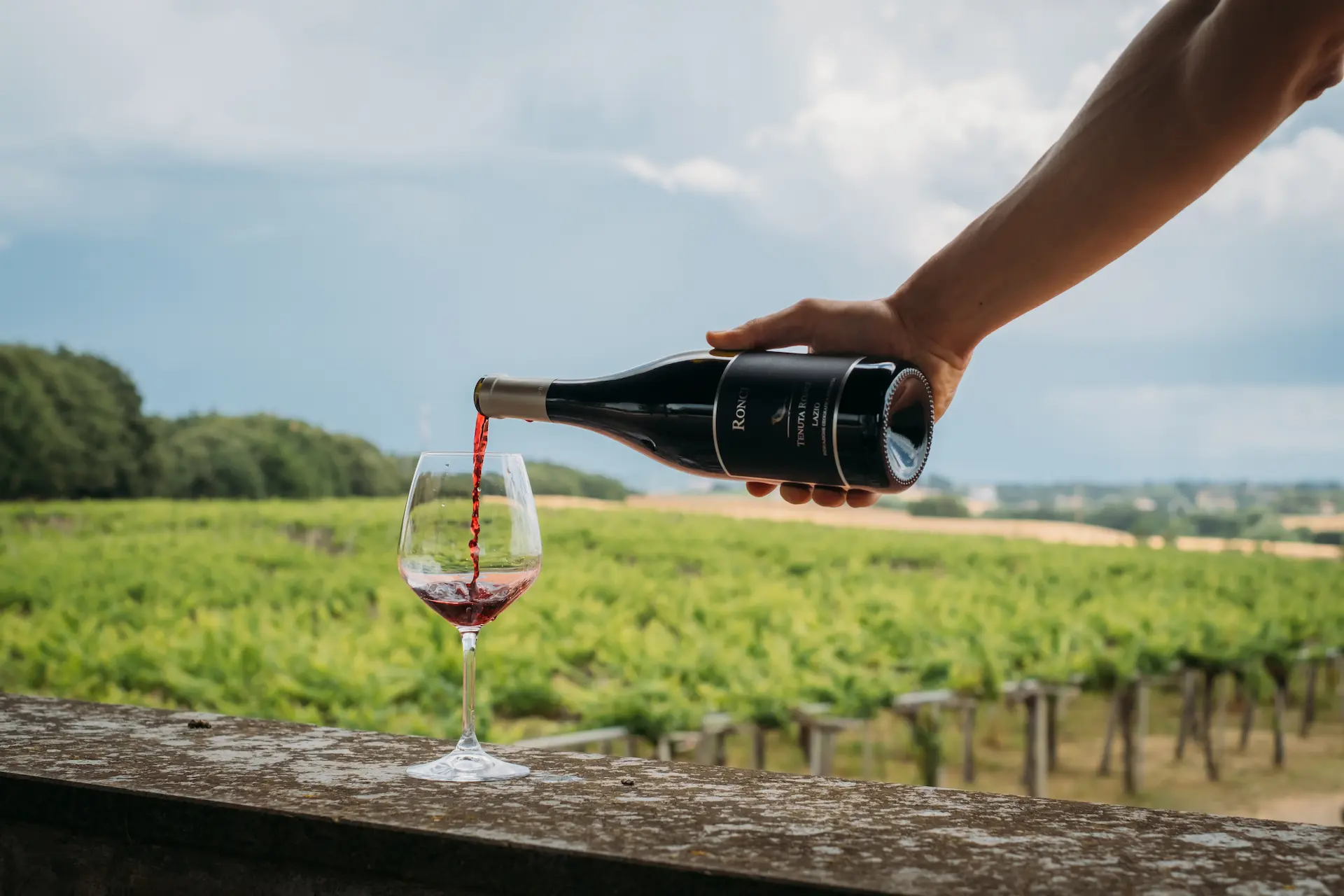 Sommelier che serve un bicchiere di vino della Tenuta Ronci